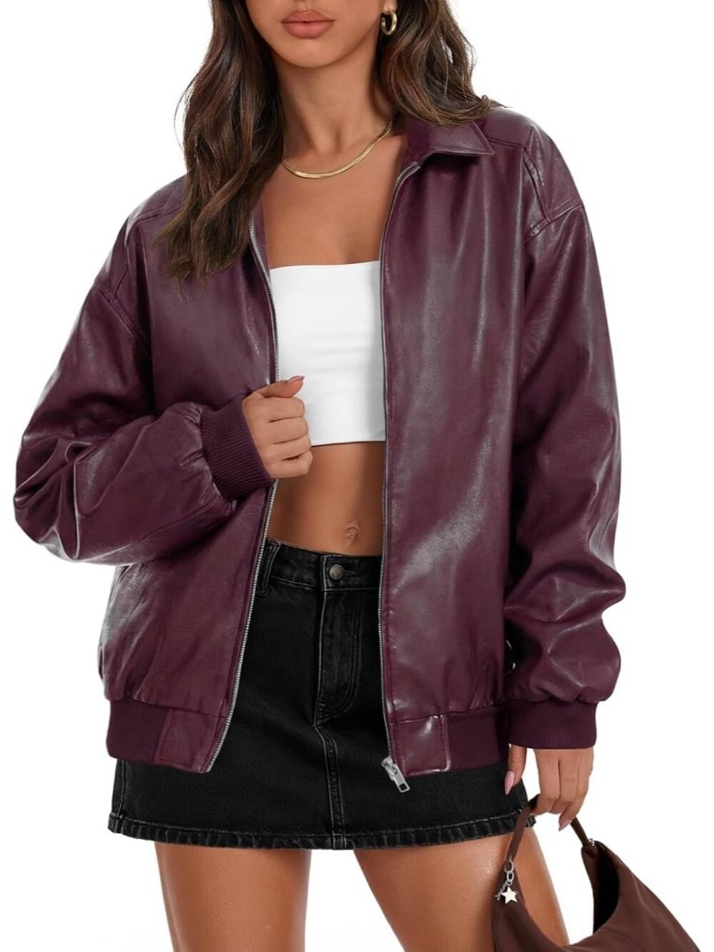 Women's Burgundy Fall Winter Oversized Faux Leather Bomber Jacket Long Sleeve